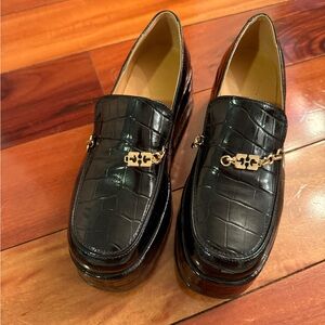 Ganni Black Croc-Embossed Loafers with Gold Accent